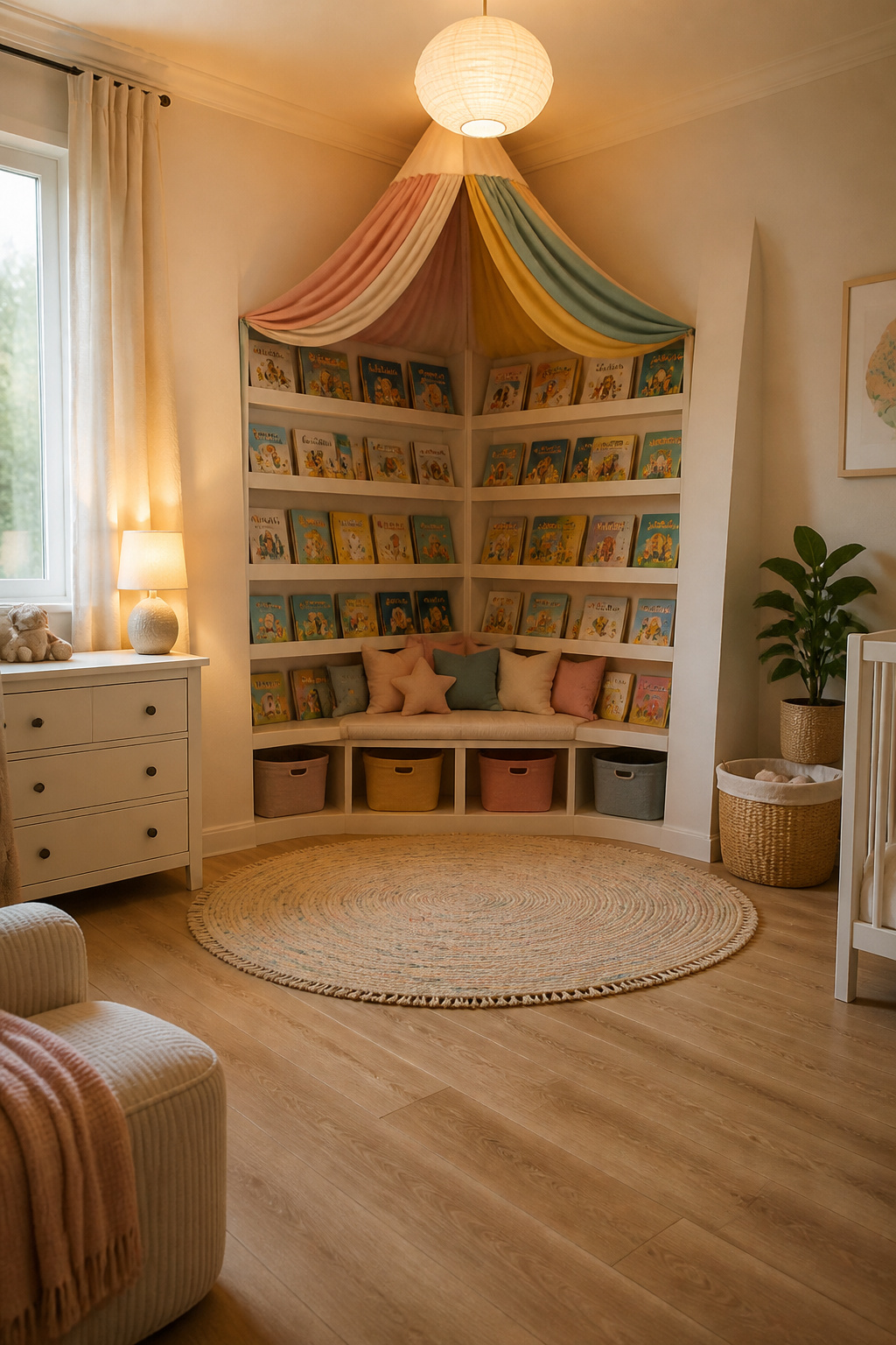 12 Nursery Bookshelf Ideas for Style and Storage in 2026 8 A reading nook with bookshelves and a fabric canopy above.