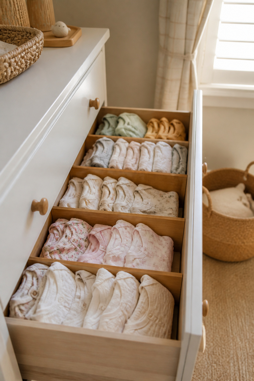 A dresser drawer with bamboo dividers and labeled baby clothes by size.