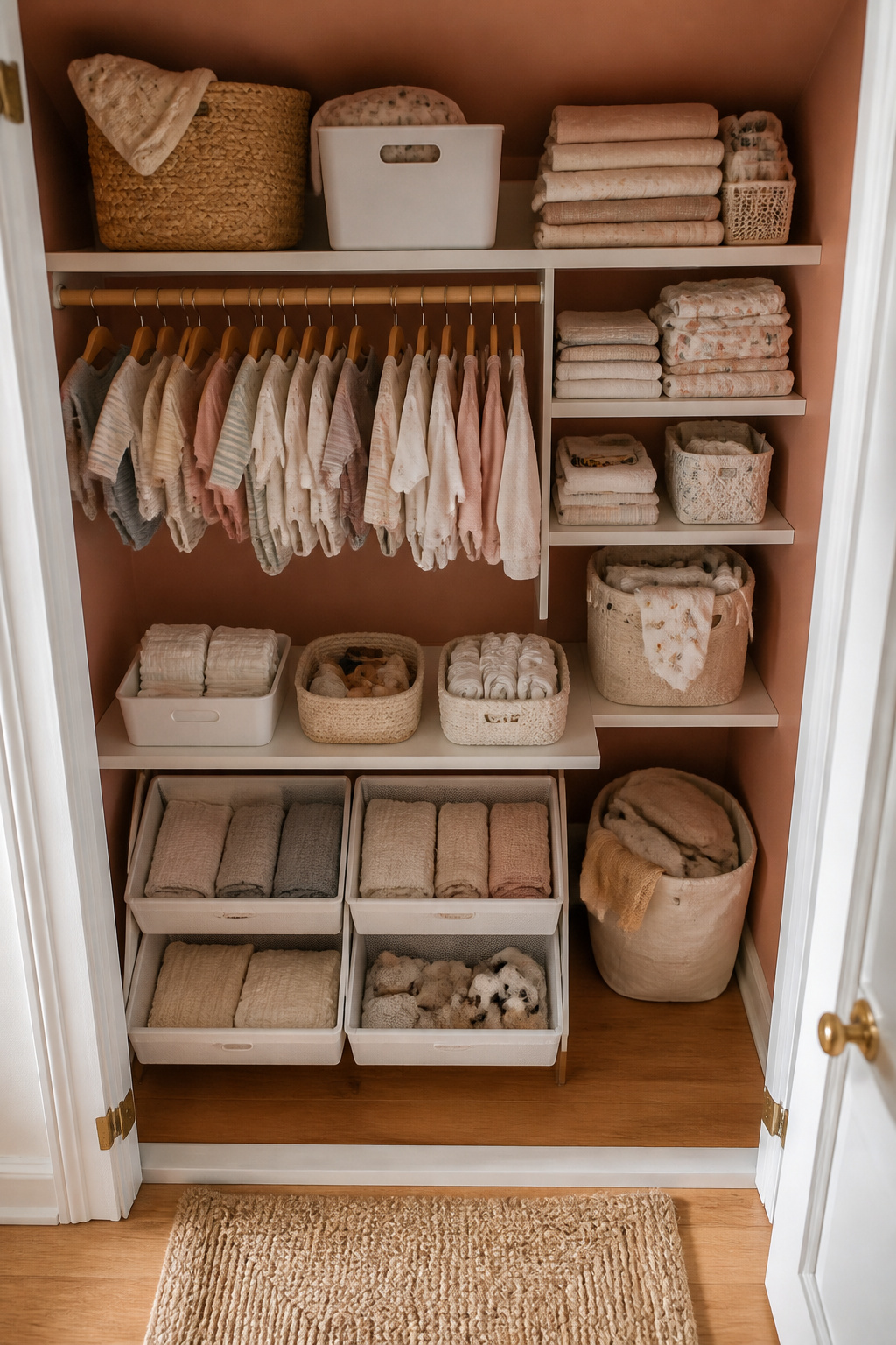 A nursery closet organized with frequently used items at eye level.