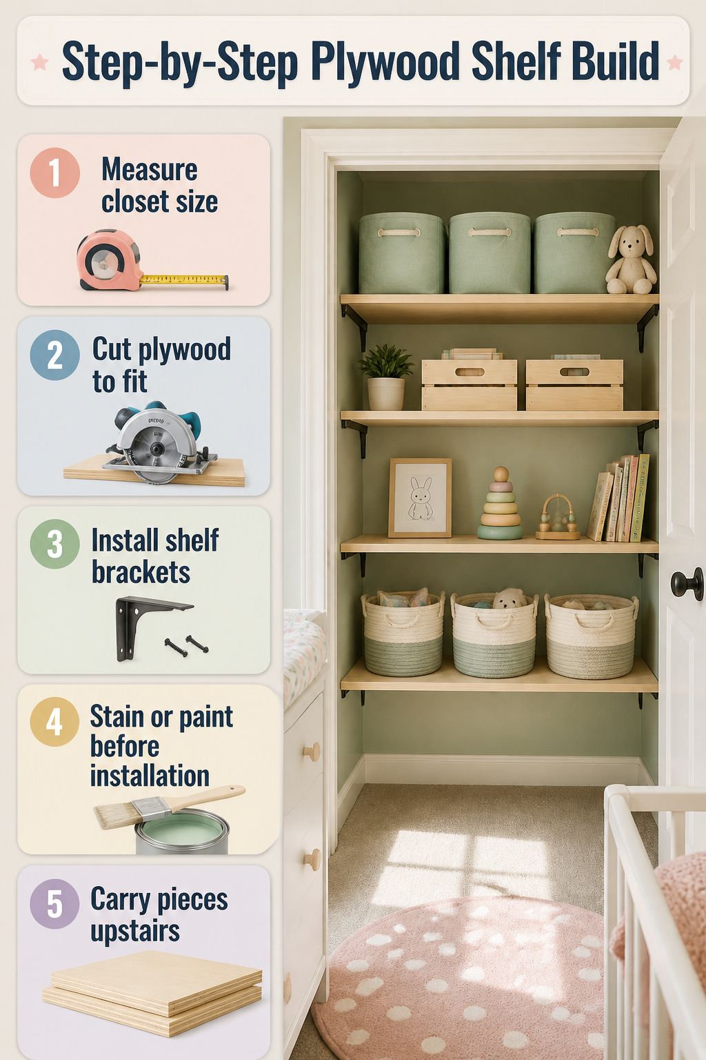 Instructions for building custom plywood shelves in a nursery closet.