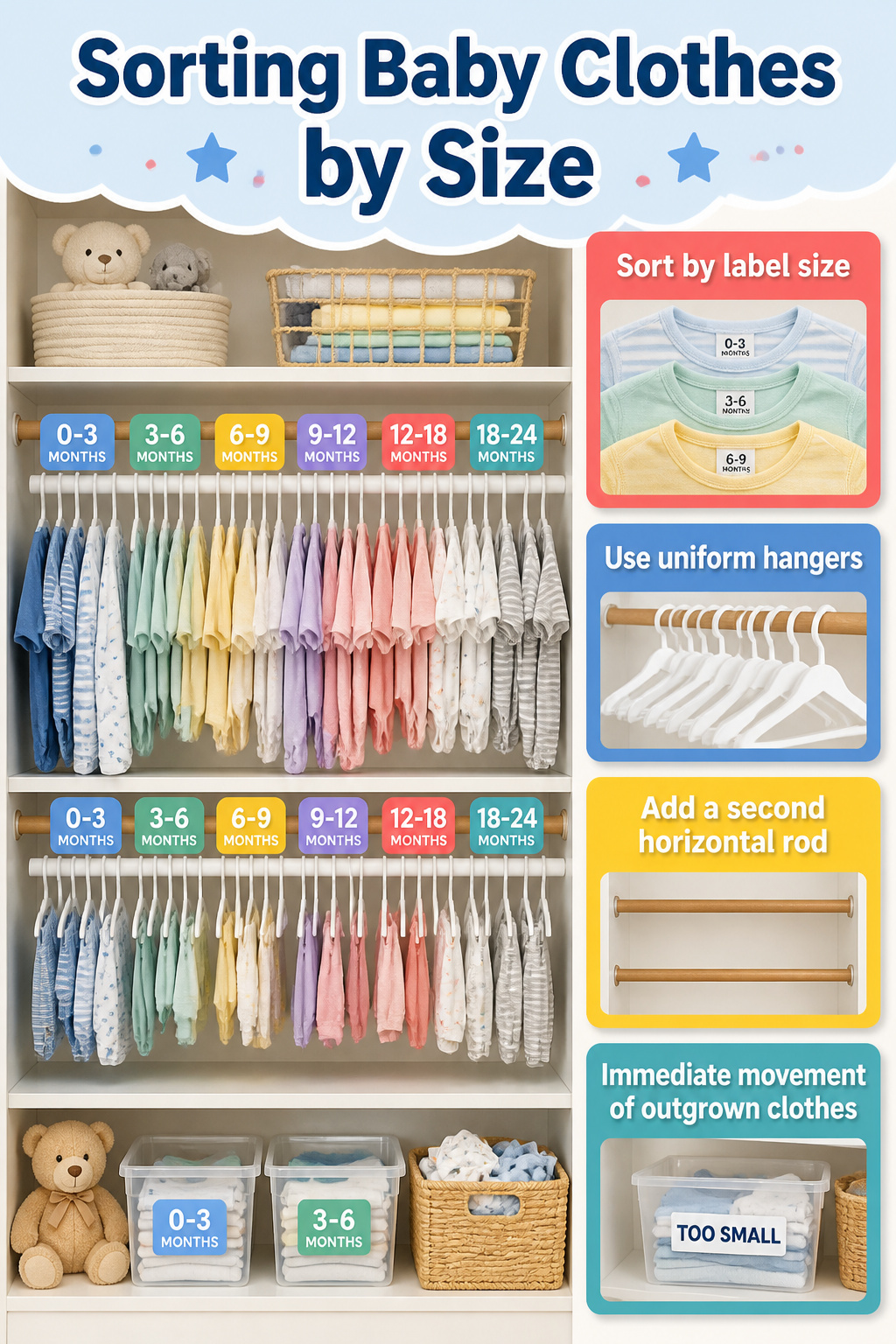 A closet organized with baby clothes sorted by size on hangers.
