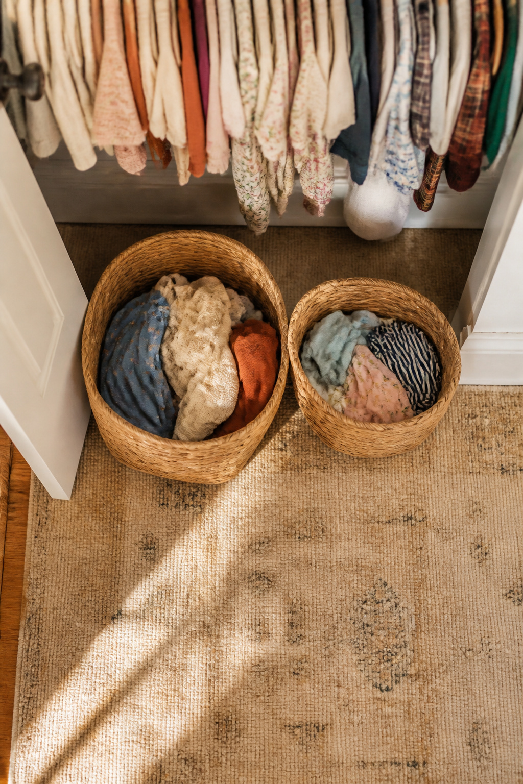 Two labeled woven baskets on the closet floor for baby clothes.