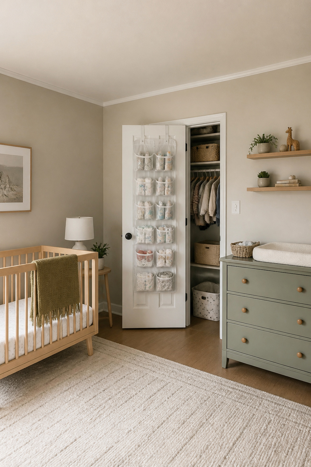 A closet door with an over-the-door organizer holding baby supplies.