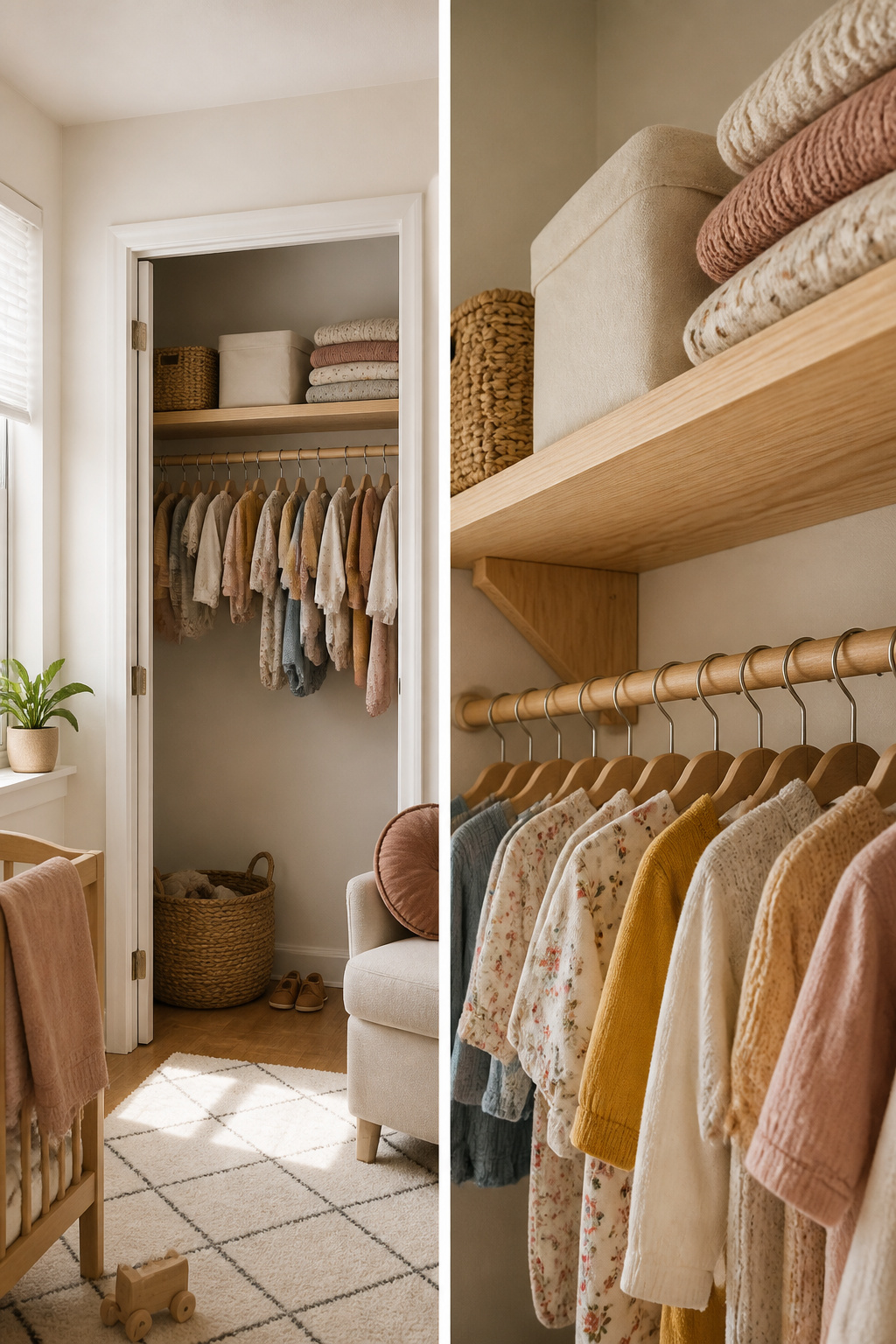 A custom-built plywood shelf system in a nursery closet.