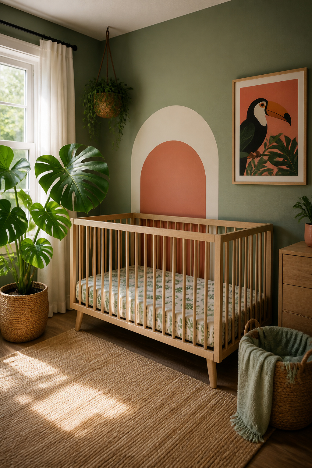 20 Nursery Theme Ideas for Every Style and Budget in 2026 1 A crib surrounded by plants and sage green walls in a jungle-themed nursery.