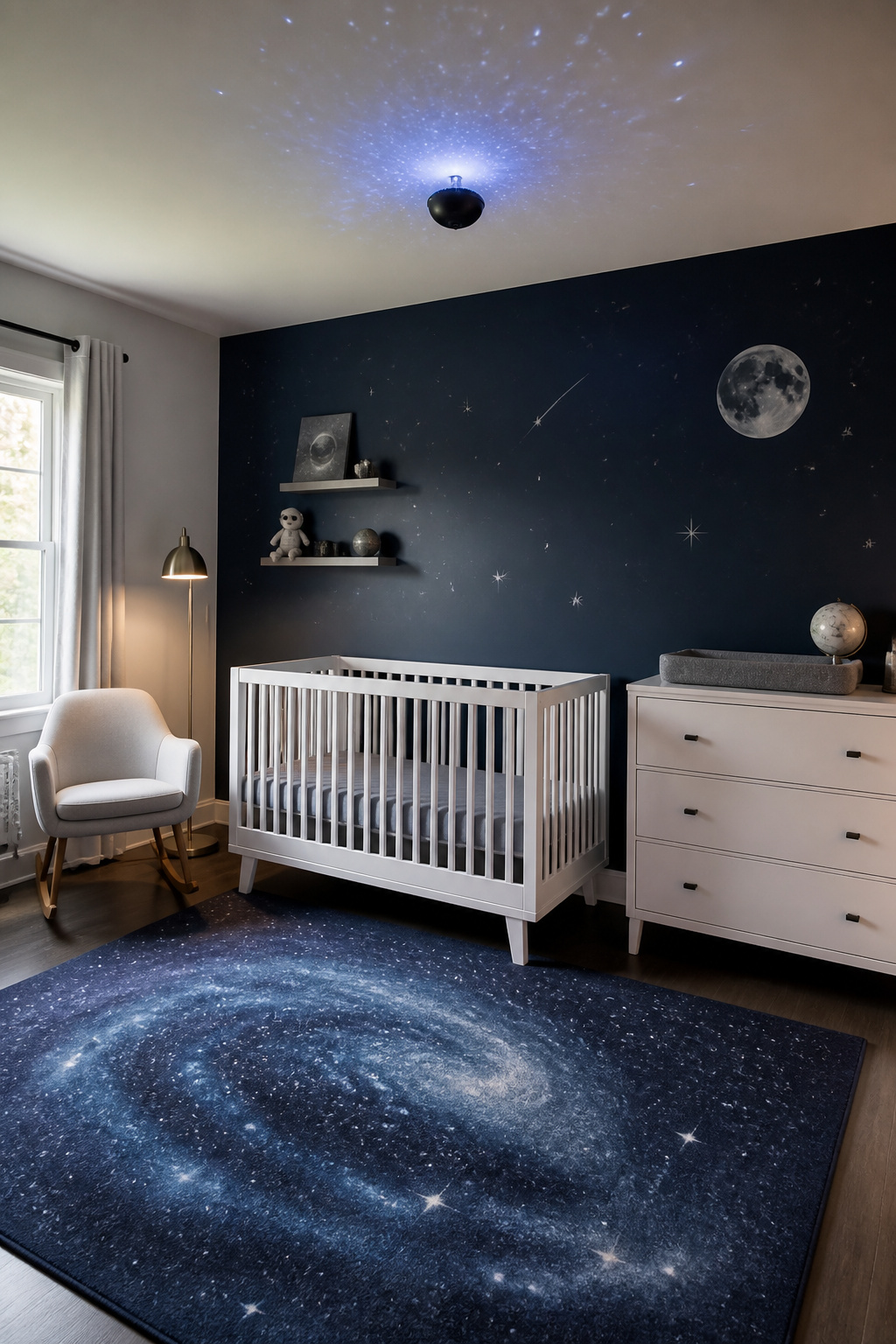 20 Nursery Theme Ideas for Every Style and Budget in 2026 10 A nursery featuring a navy wall and space-themed elements.