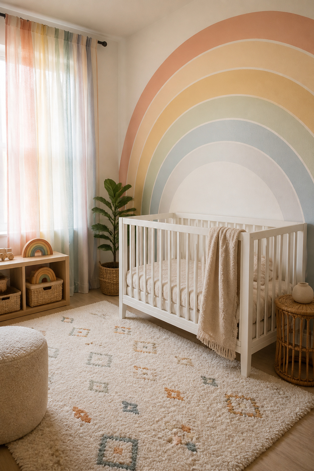 20 Nursery Theme Ideas for Every Style and Budget in 2026 15 A nursery adorned with pastel rainbow decor and soft striped curtains.