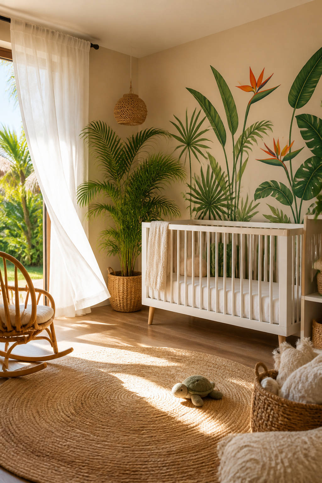 20 Nursery Theme Ideas for Every Style and Budget in 2026 16 A nursery featuring a soft sand wall and tropical decor.