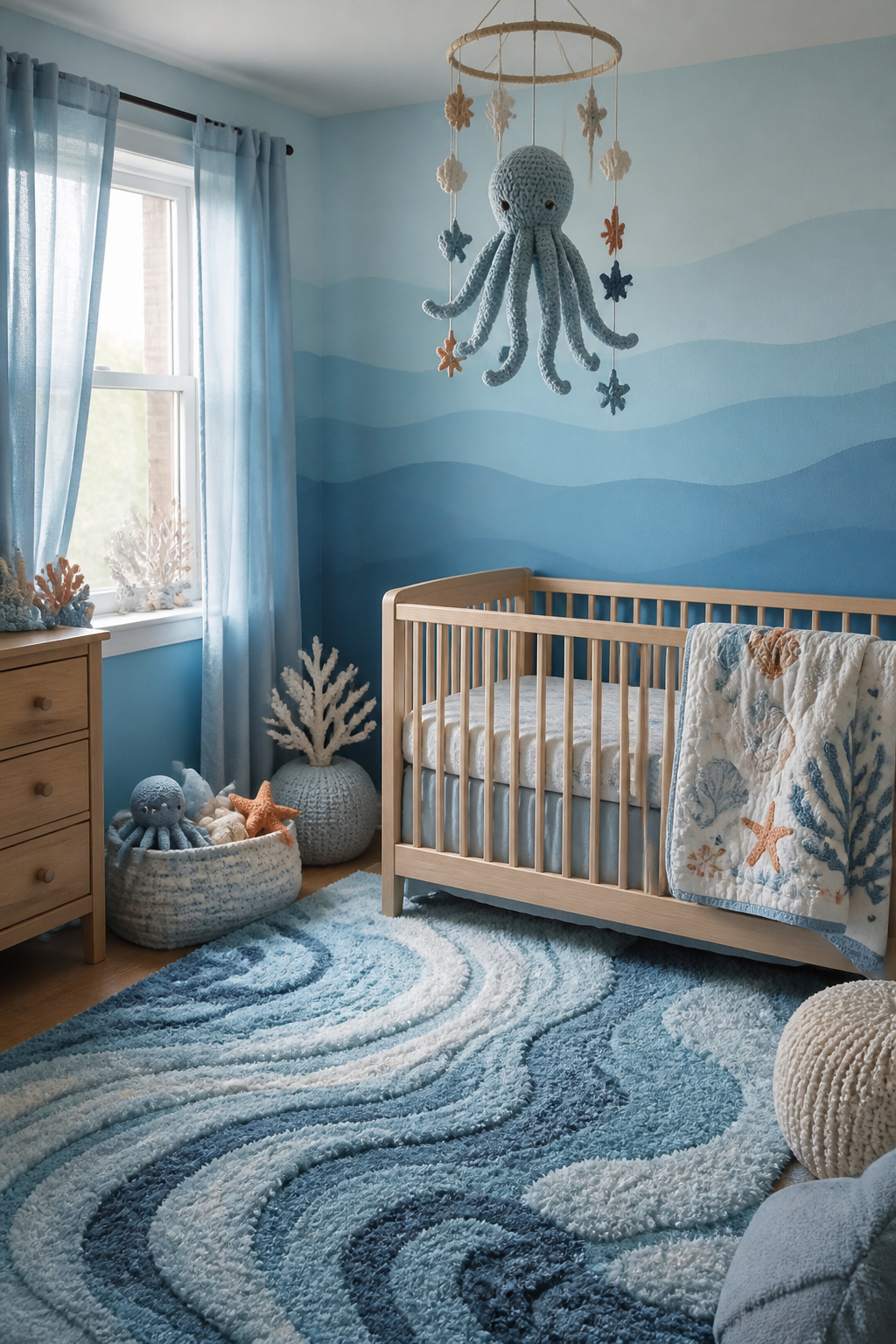 20 Nursery Theme Ideas for Every Style and Budget in 2026 17 A nursery with soft blues and sea-themed decor.