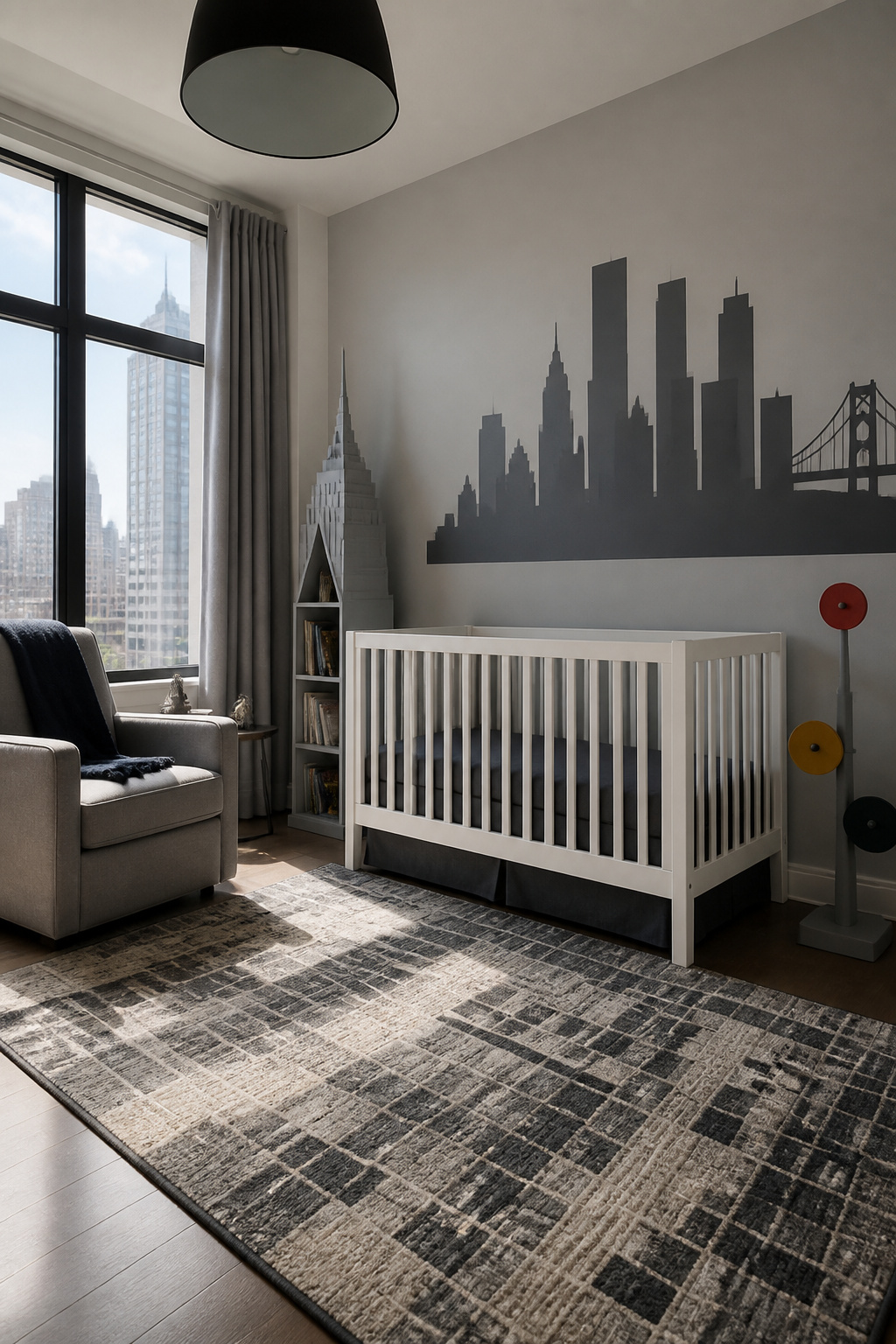 20 Nursery Theme Ideas for Every Style and Budget in 2026 18 A nursery showcasing a skyline wall decal and minimalist furniture.