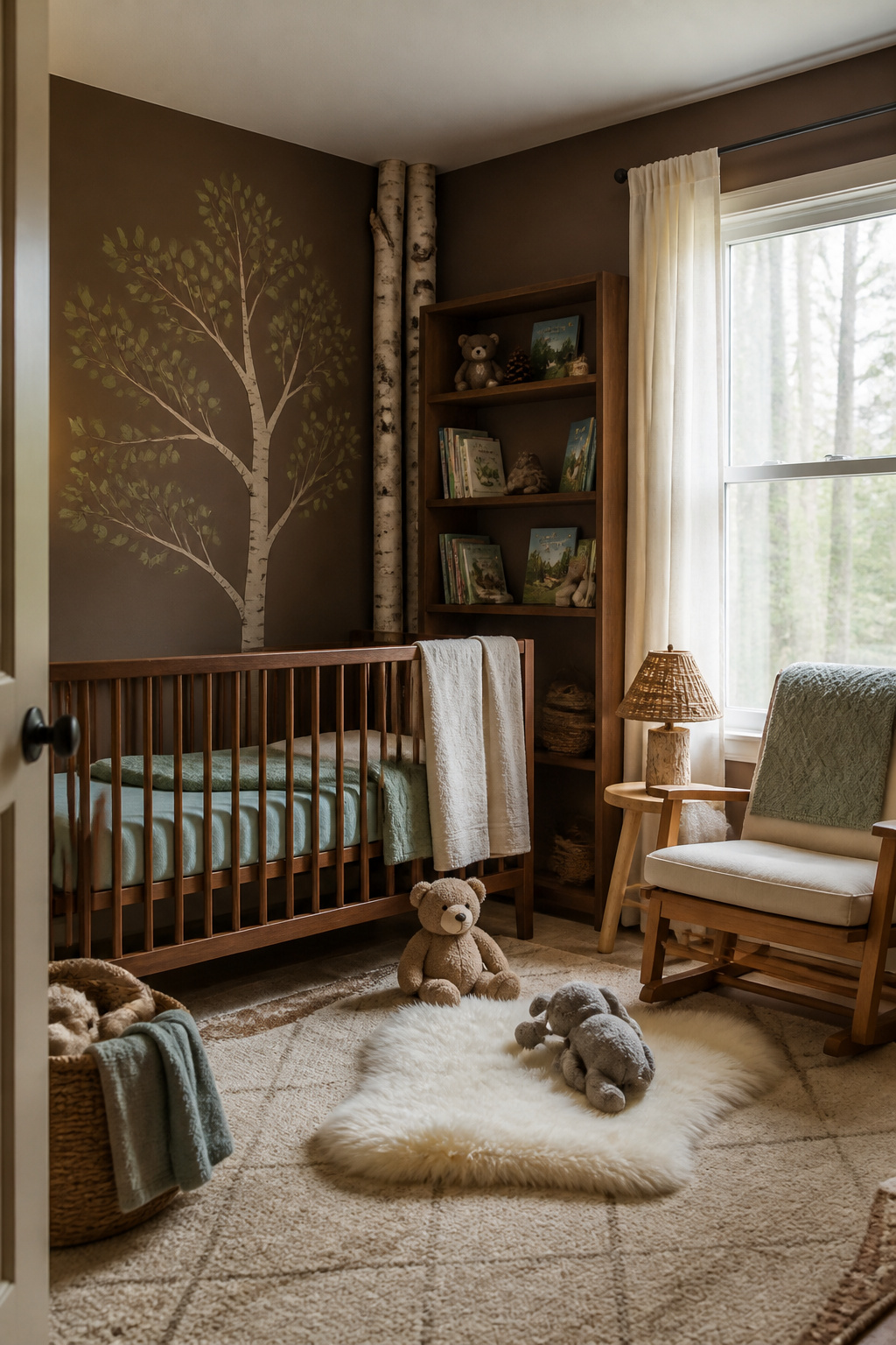 20 Nursery Theme Ideas for Every Style and Budget in 2026 2 A cozy nursery showcasing earthy tones and birch bark accents.
