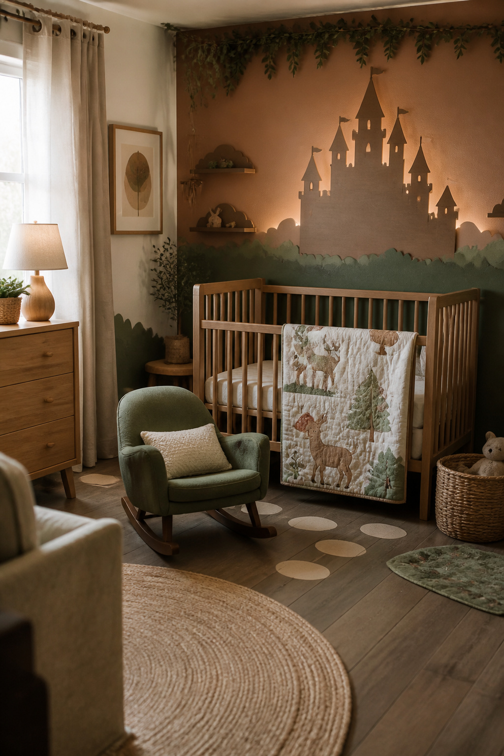 20 Nursery Theme Ideas for Every Style and Budget in 2026 20 A nursery showcasing a castle silhouette and nature-inspired decor.