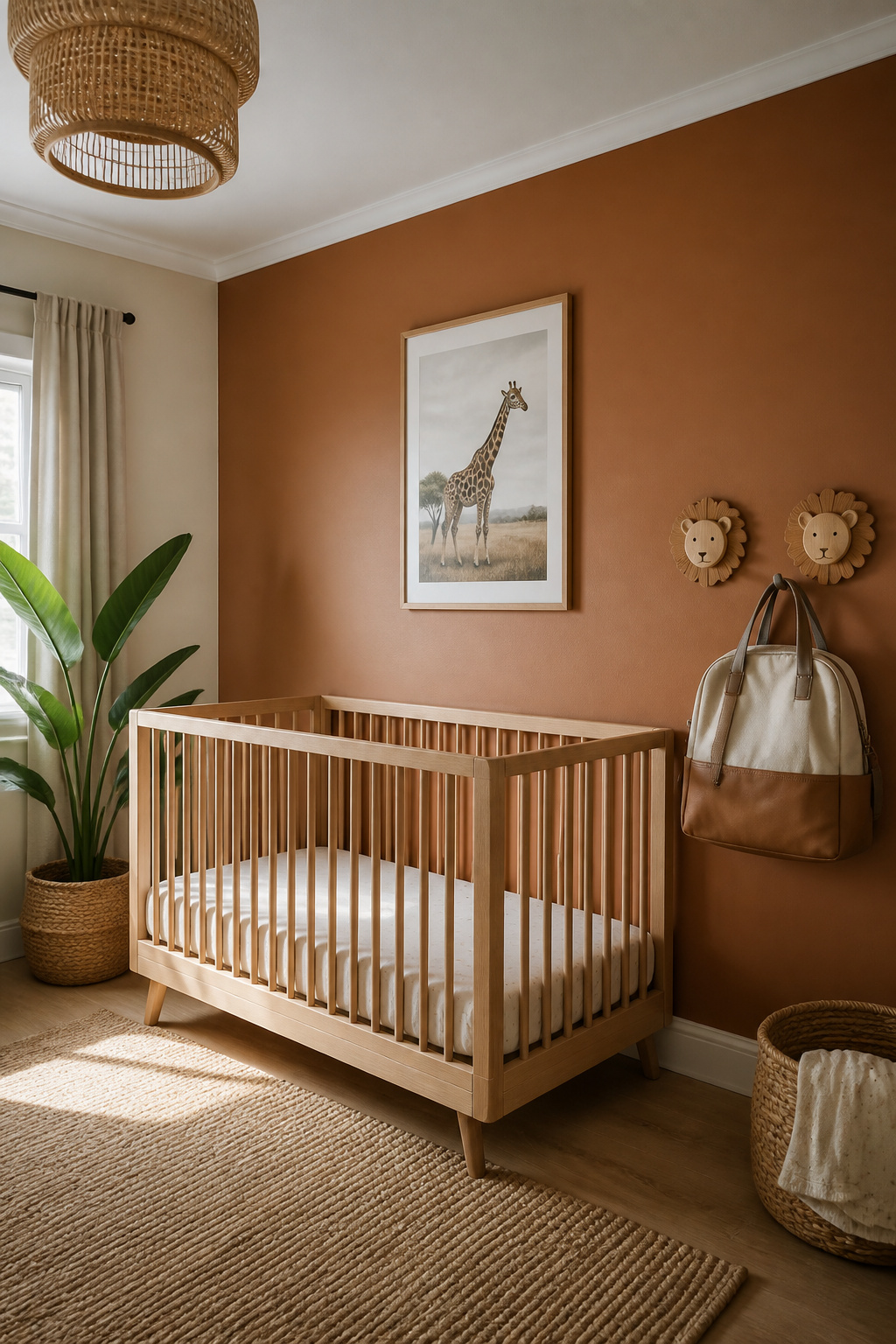 20 Nursery Theme Ideas for Every Style and Budget in 2026 3 A soft cream nursery with a terracotta wall and animal-themed decor.