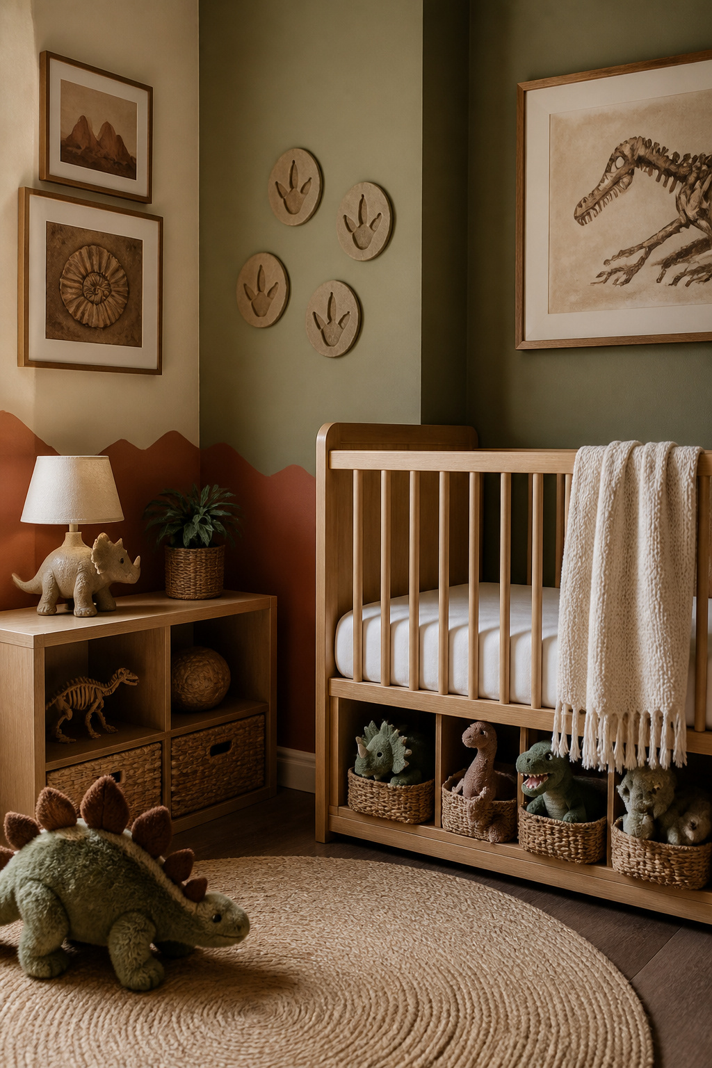 20 Nursery Theme Ideas for Every Style and Budget in 2026 5 A nursery with dinosaur-themed decor and a triceratops lamp.