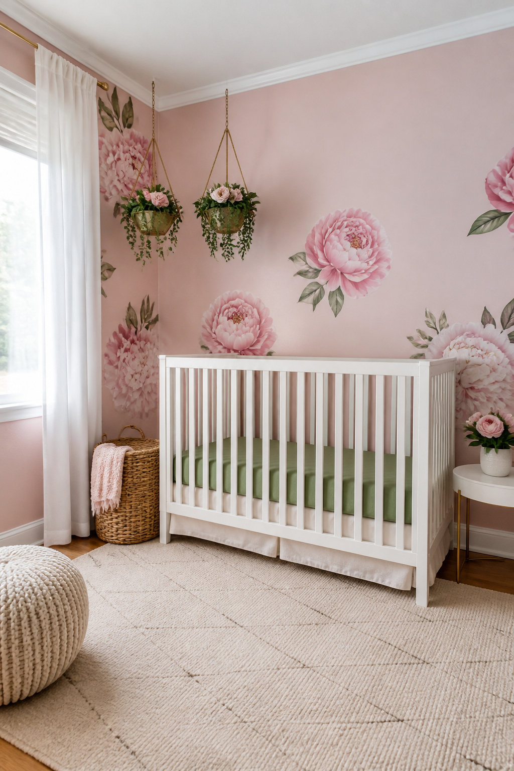 20 Nursery Theme Ideas for Every Style and Budget in 2026 6 A nursery featuring floral wall decals and a soft beige rug.