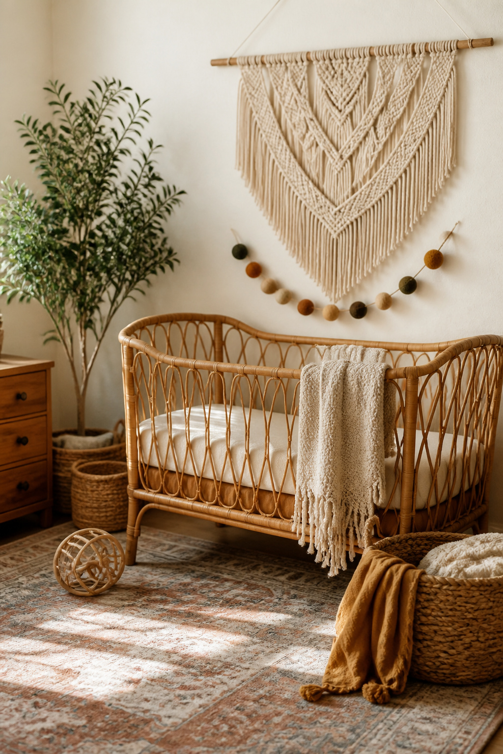 20 Nursery Theme Ideas for Every Style and Budget in 2026 8 A nursery filled with textured decor and a vintage rattan crib.