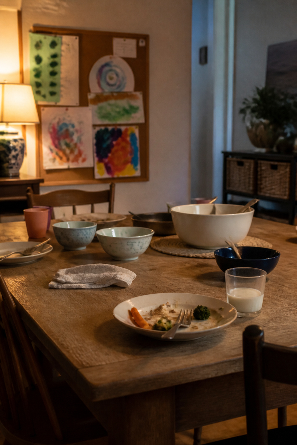 Overwhelmed Mom: 17 Methods to Lighten the Load 1 A table with mismatched plates and a child's drawing in the background.