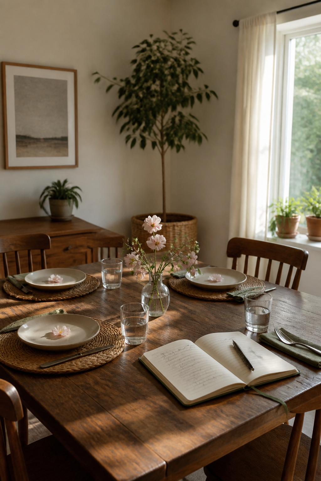 Overwhelmed Mom: 17 Methods to Lighten the Load 10 A dining table set simply with an open notebook and reminders.