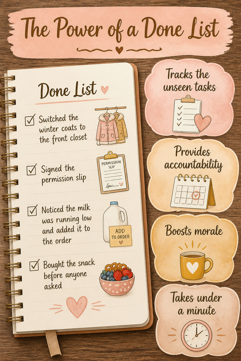 Overwhelmed Mom: 17 Methods to Lighten the Load 11 A list titled 'The Power of a Done List' on a table.