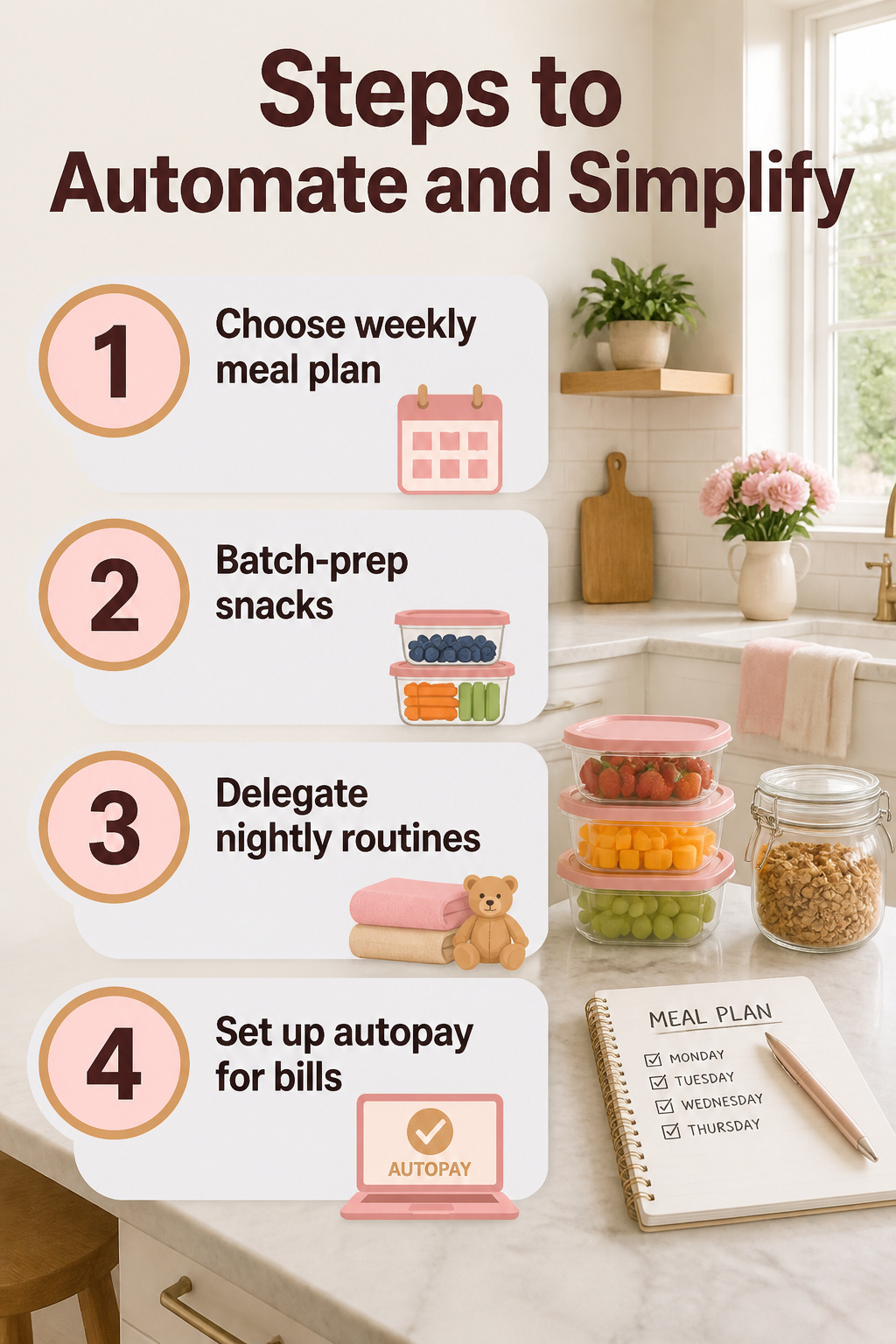 Overwhelmed Mom: 17 Methods to Lighten the Load 13 A planning sheet titled 'Steps to Automate and Simplify' on a table.