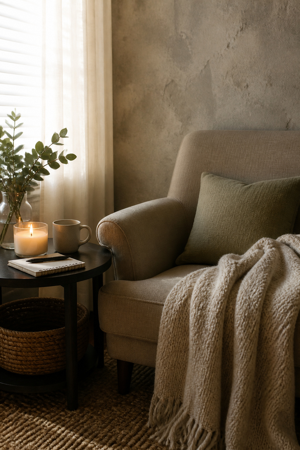 Overwhelmed Mom: 17 Methods to Lighten the Load 16 A chair with a candle and a book beside it in a cozy nook.