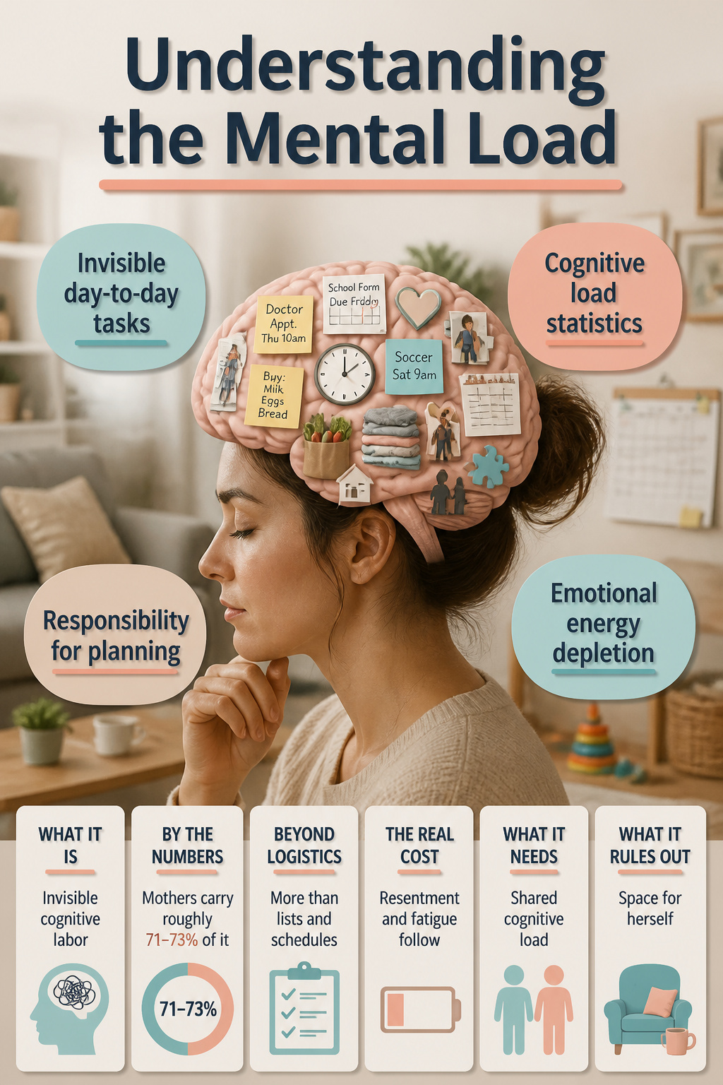 Overwhelmed Mom: 17 Methods to Lighten the Load 18 An information image titled 'Understanding the Mental Load'.