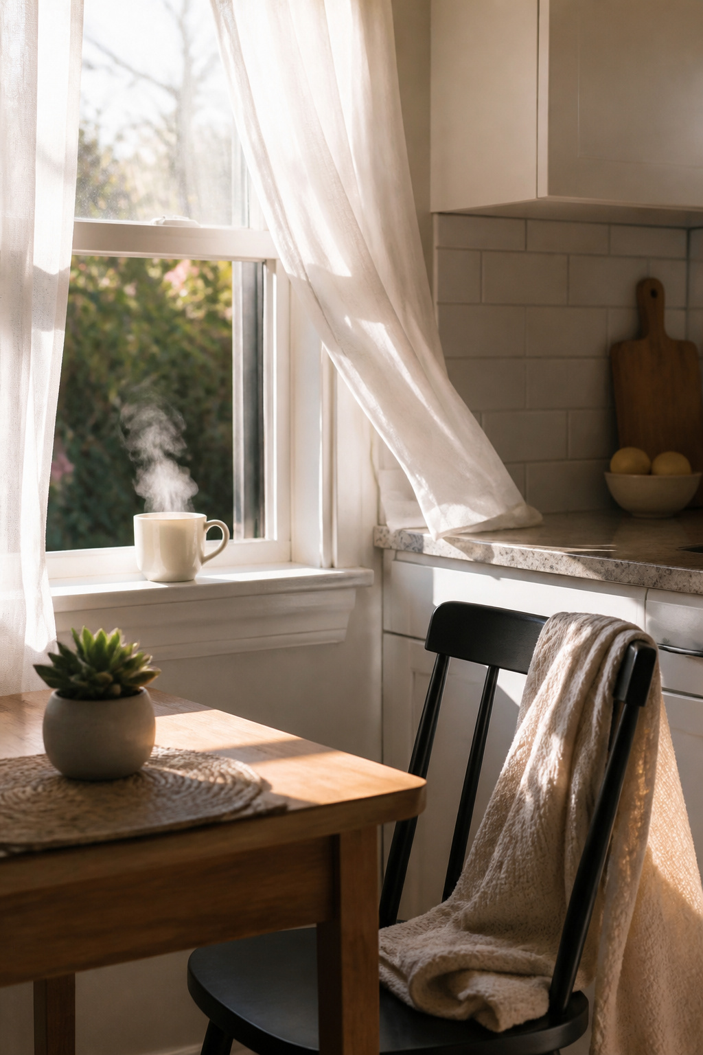 Overwhelmed Mom: 17 Methods to Lighten the Load 2 A cup of coffee on a windowsill with a succulent in a cozy kitchen.