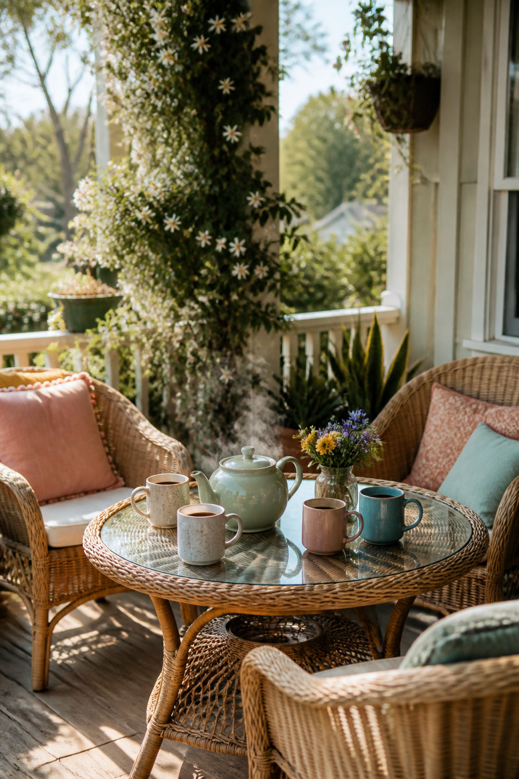 Overwhelmed Mom: 17 Methods to Lighten the Load 20 A porch with a table set for gathering and steaming herbal tea.