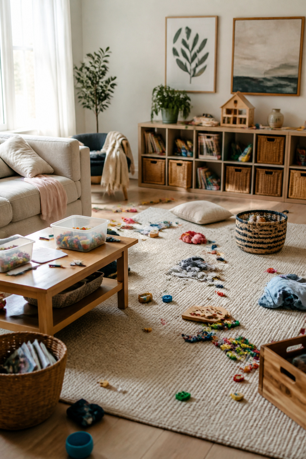 Overwhelmed Mom: 17 Methods to Lighten the Load 21 A living room filled with toys, books, and art supplies.