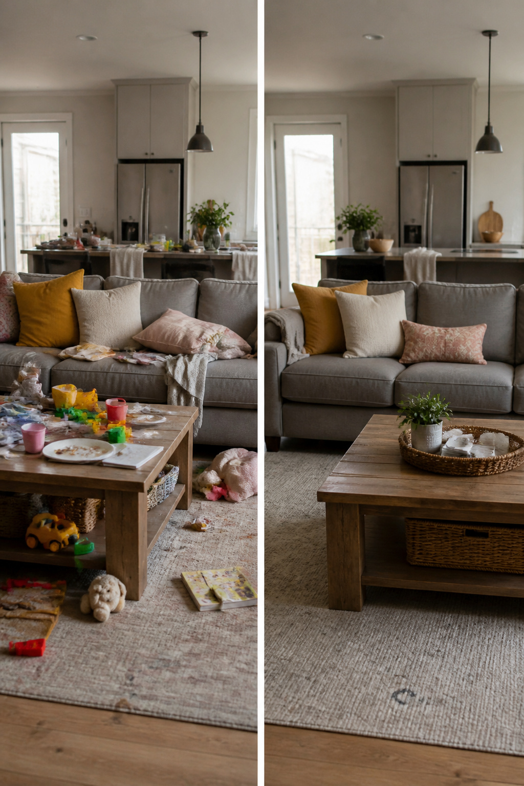 Overwhelmed Mom: 17 Methods to Lighten the Load 5 A clean kitchen table with scattered toys in the background.