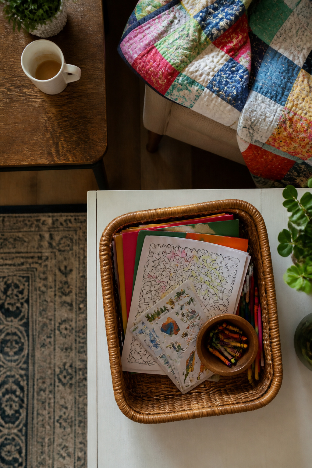 Overwhelmed Mom: 17 Methods to Lighten the Load 6 A basket containing coloring books and an old phone on a shelf.
