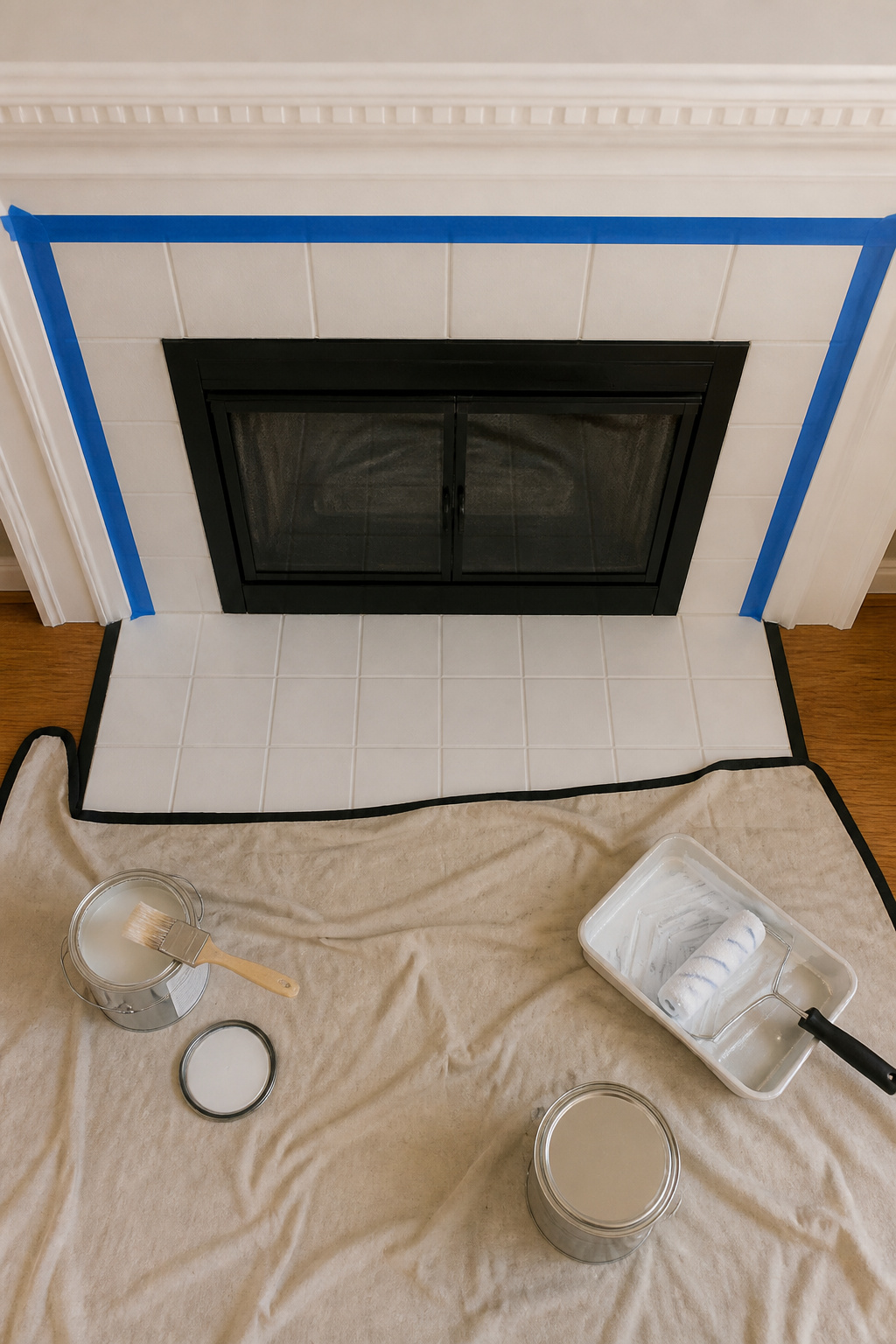 Painter's tape and a drop cloth laid out for a painting project.