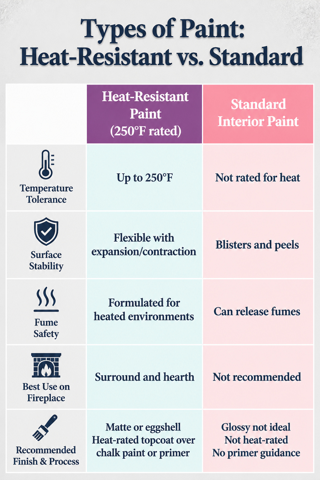 Comparison chart of heat-resistant paint versus standard interior paint.