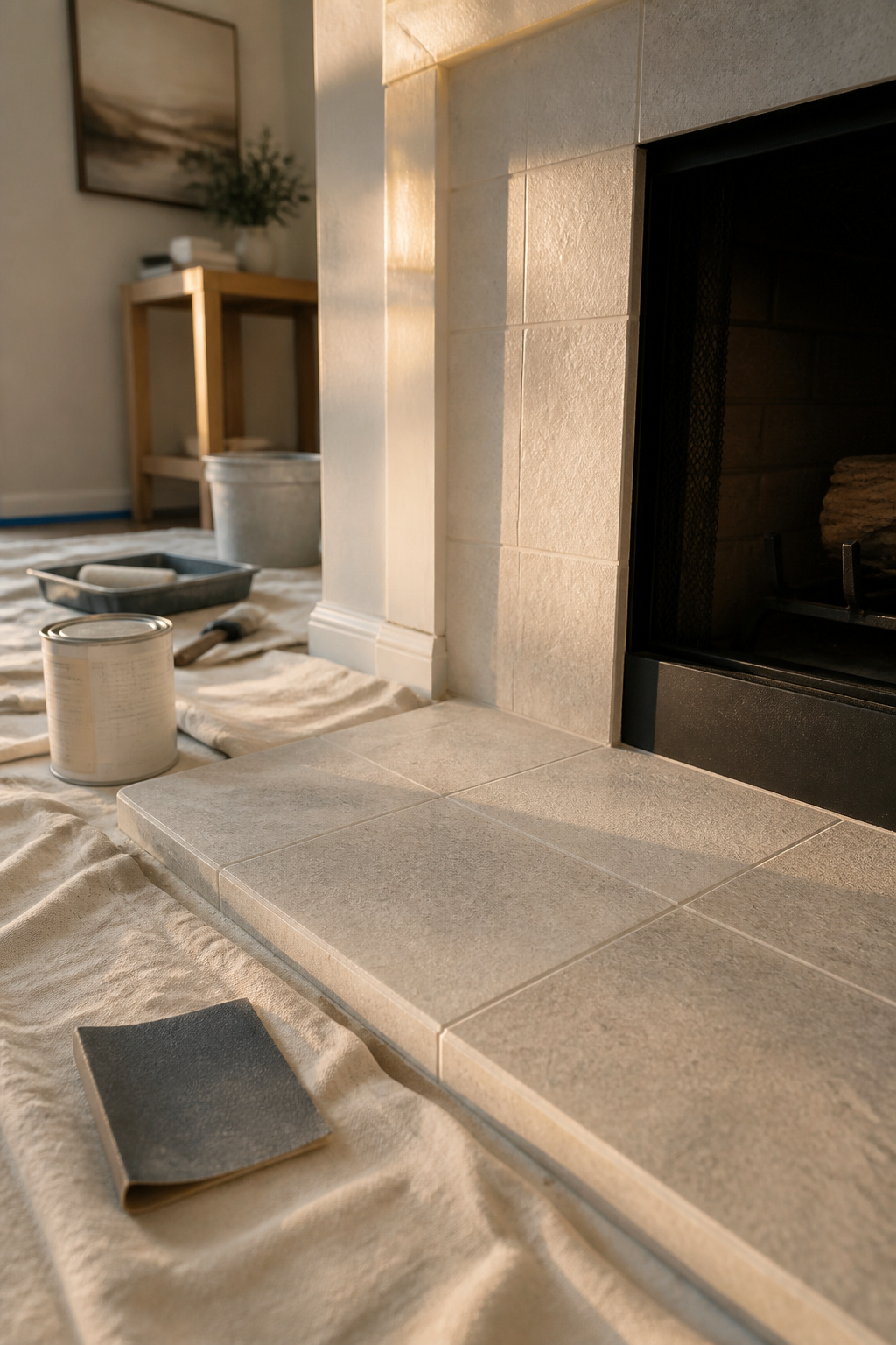 Sanded tile surface with a dull finish beside a piece of sandpaper.