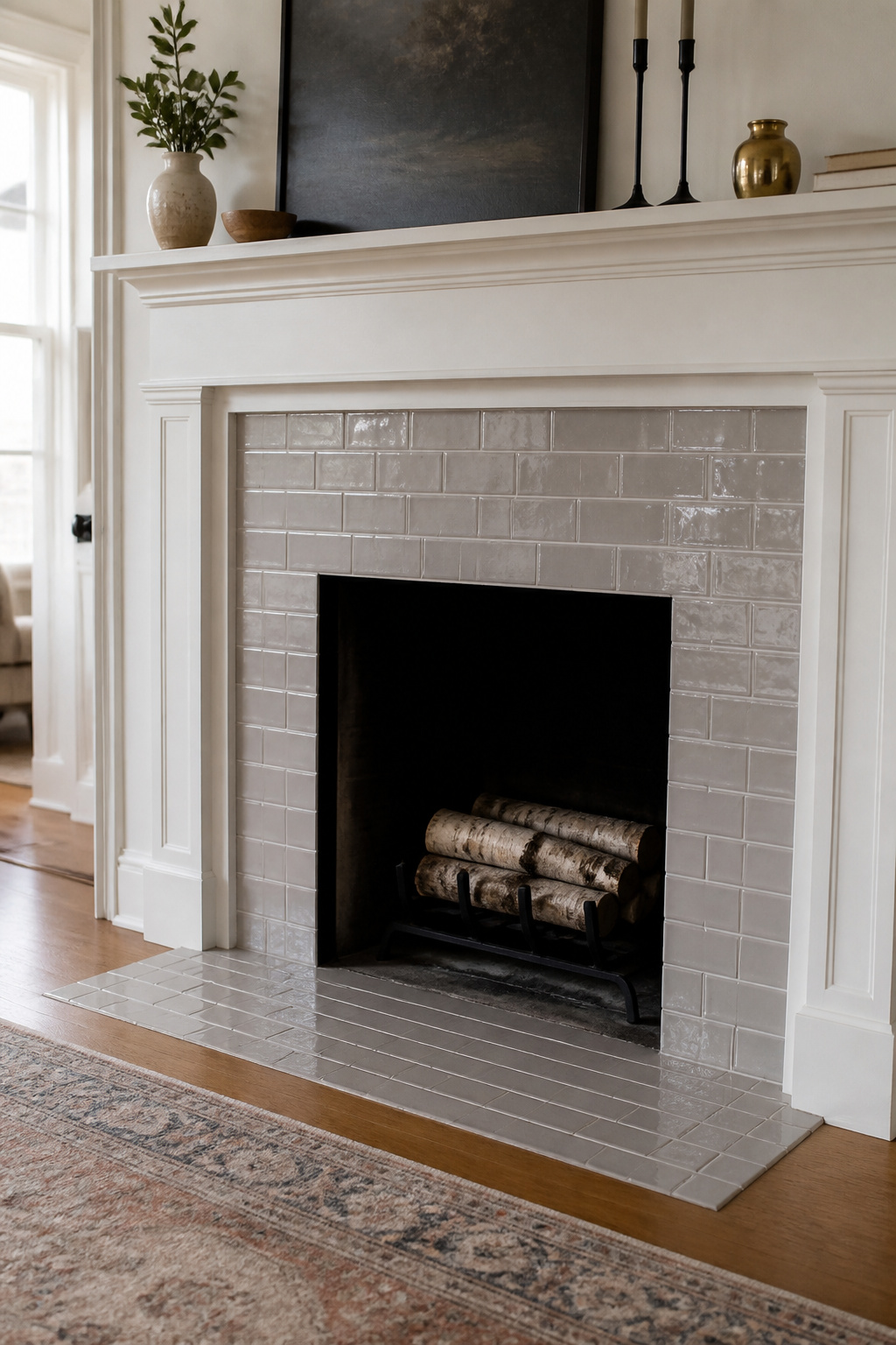 A foam roller applying paint to fireplace tiles with a brush nearby.