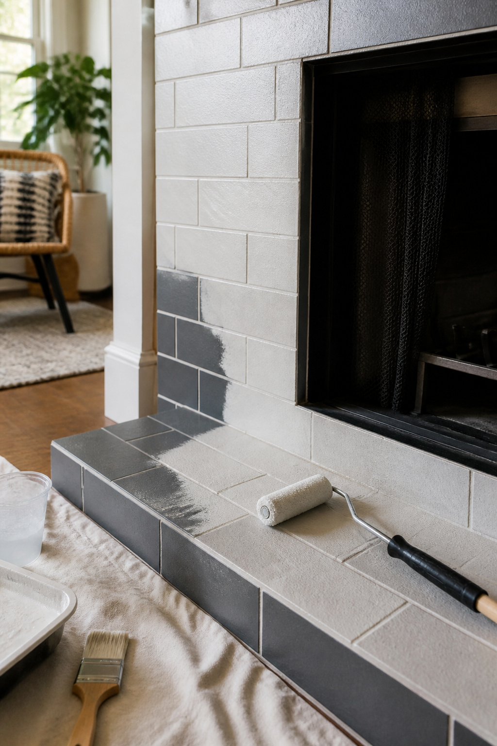 A foam roller applying primer to freshly prepared fireplace tiles.