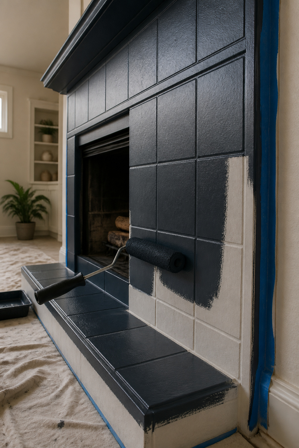Can of heat-resistant paint next to freshly primed fireplace tiles.
