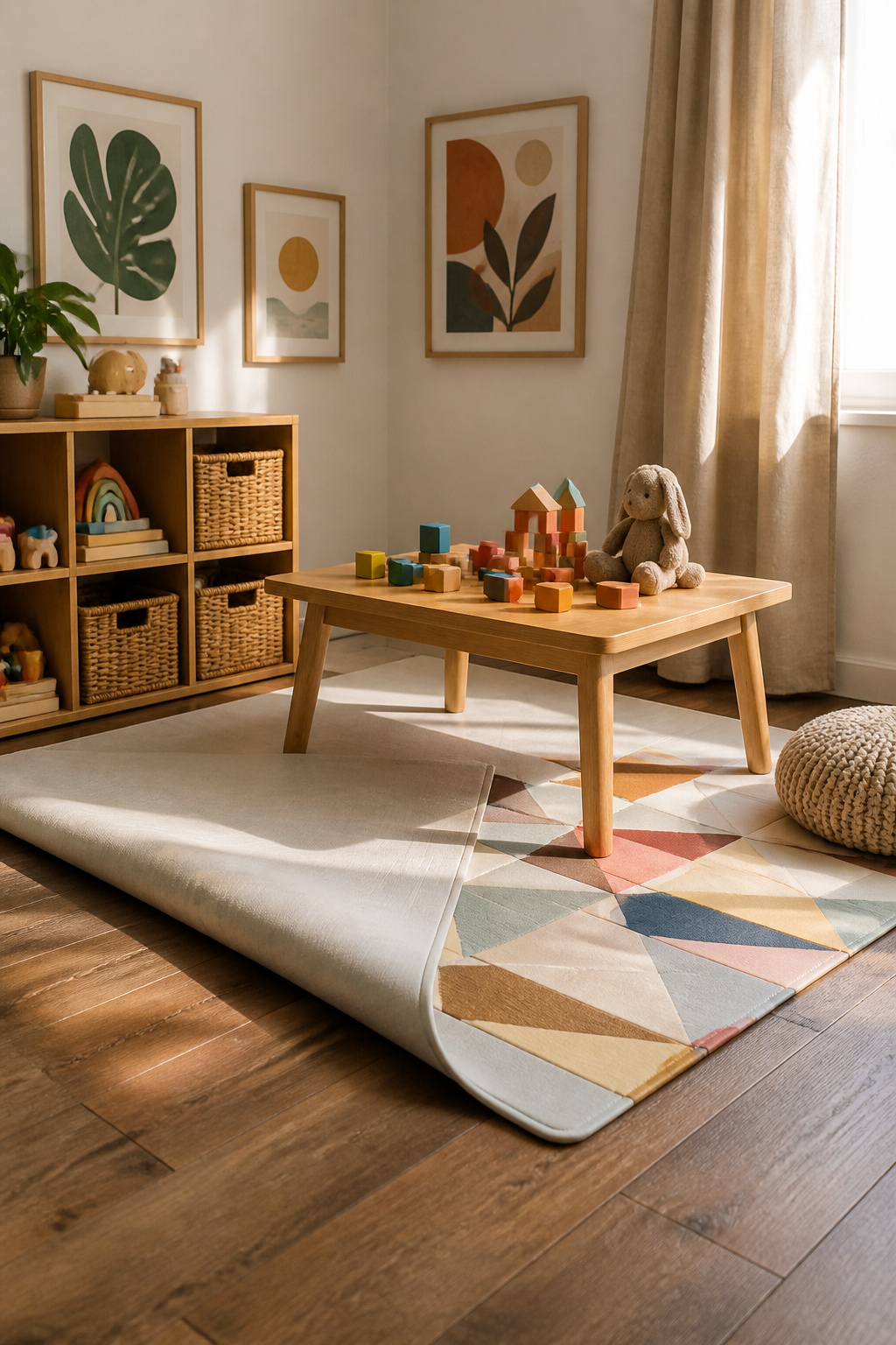 4 Playroom Mats That Work Past the Baby Stage (2026) 1 Double-sided play mat with geometric print and calming pattern.