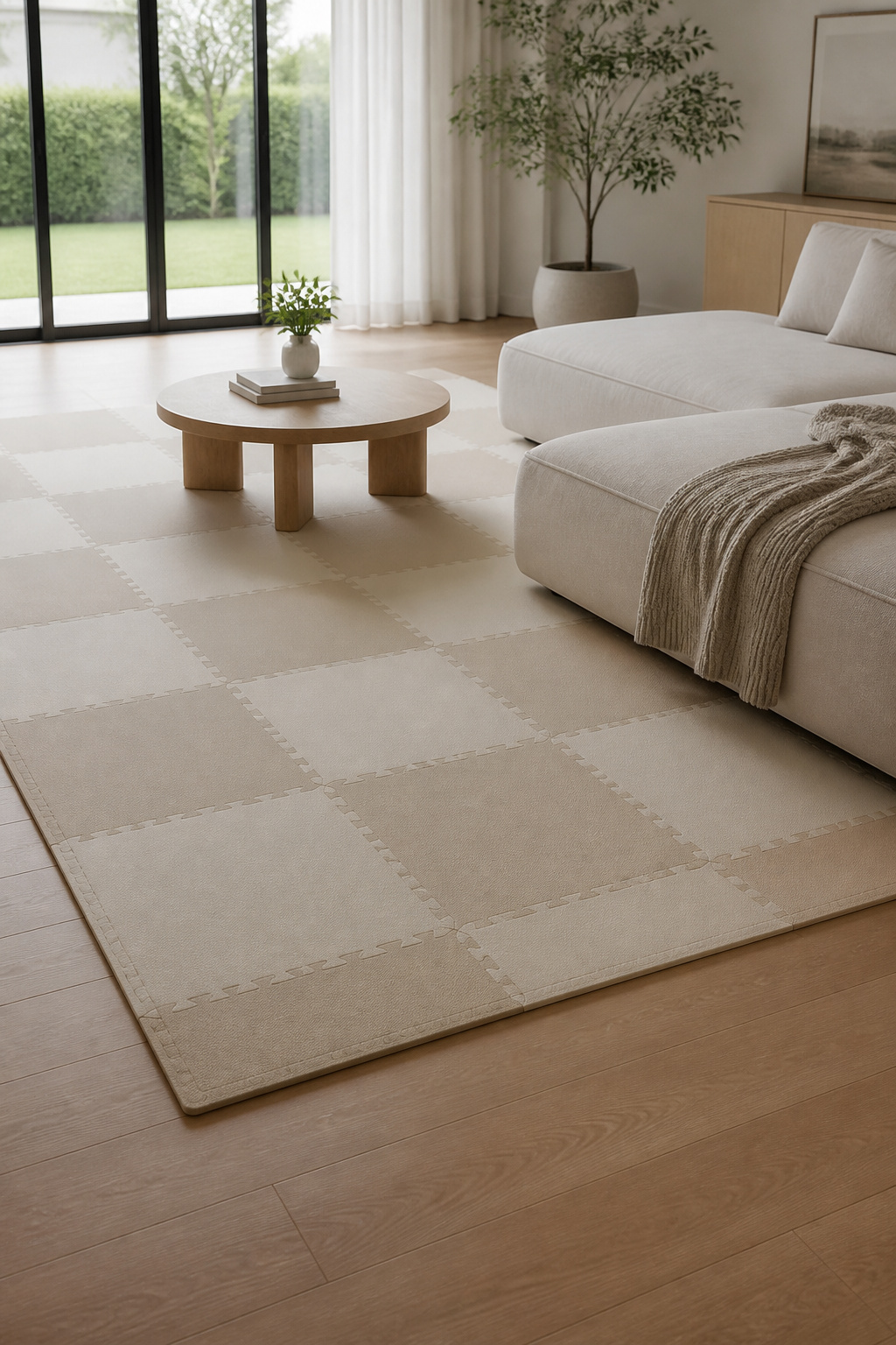 4 Playroom Mats That Work Past the Baby Stage (2026) 2 Jigsaw pattern tiles in muted colors on hardwood floor.