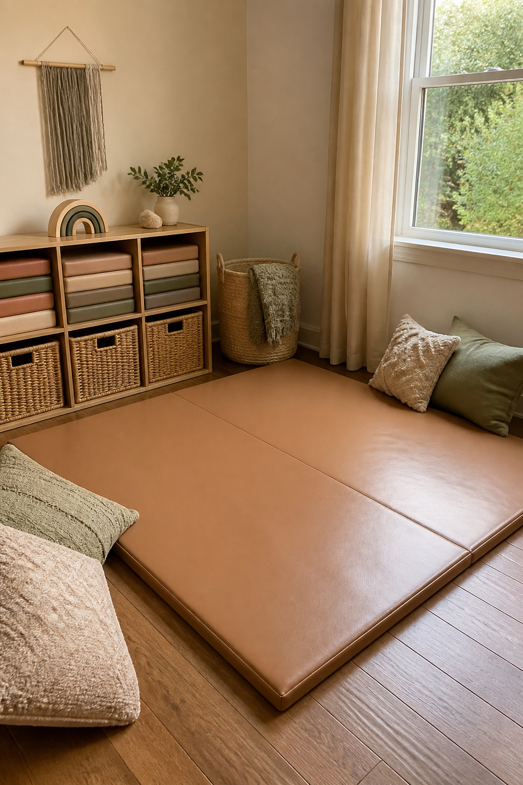4 Playroom Mats That Work Past the Baby Stage (2026) 4 Stylish play mat with colorful inserts and soft textiles around.
