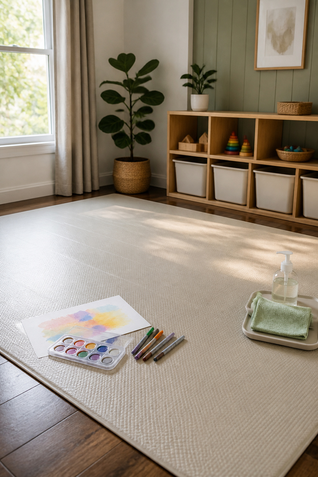 4 Playroom Mats That Work Past the Baby Stage (2026) 5 Smooth PVC memory foam mat on rustic wooden flooring.