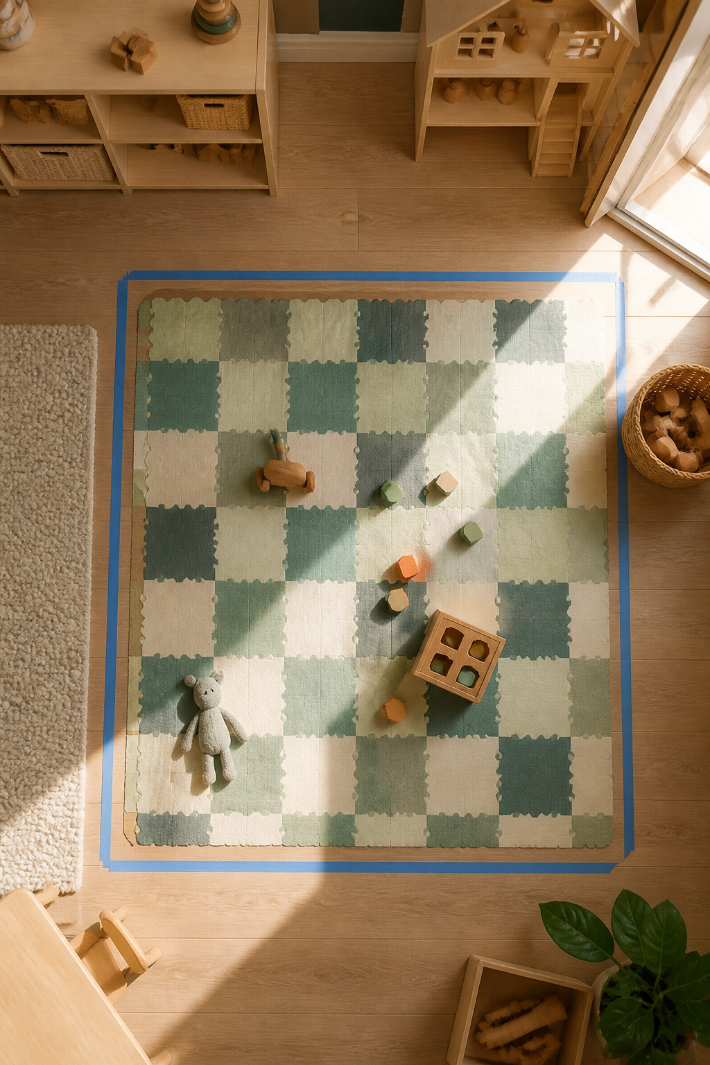 4 Playroom Mats That Work Past the Baby Stage (2026) 6 Tape measure and painter's tape outlining a mat's footprint.