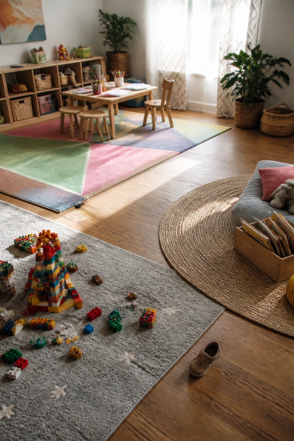 Playroom divided into zones with colorful rugs for different activities.