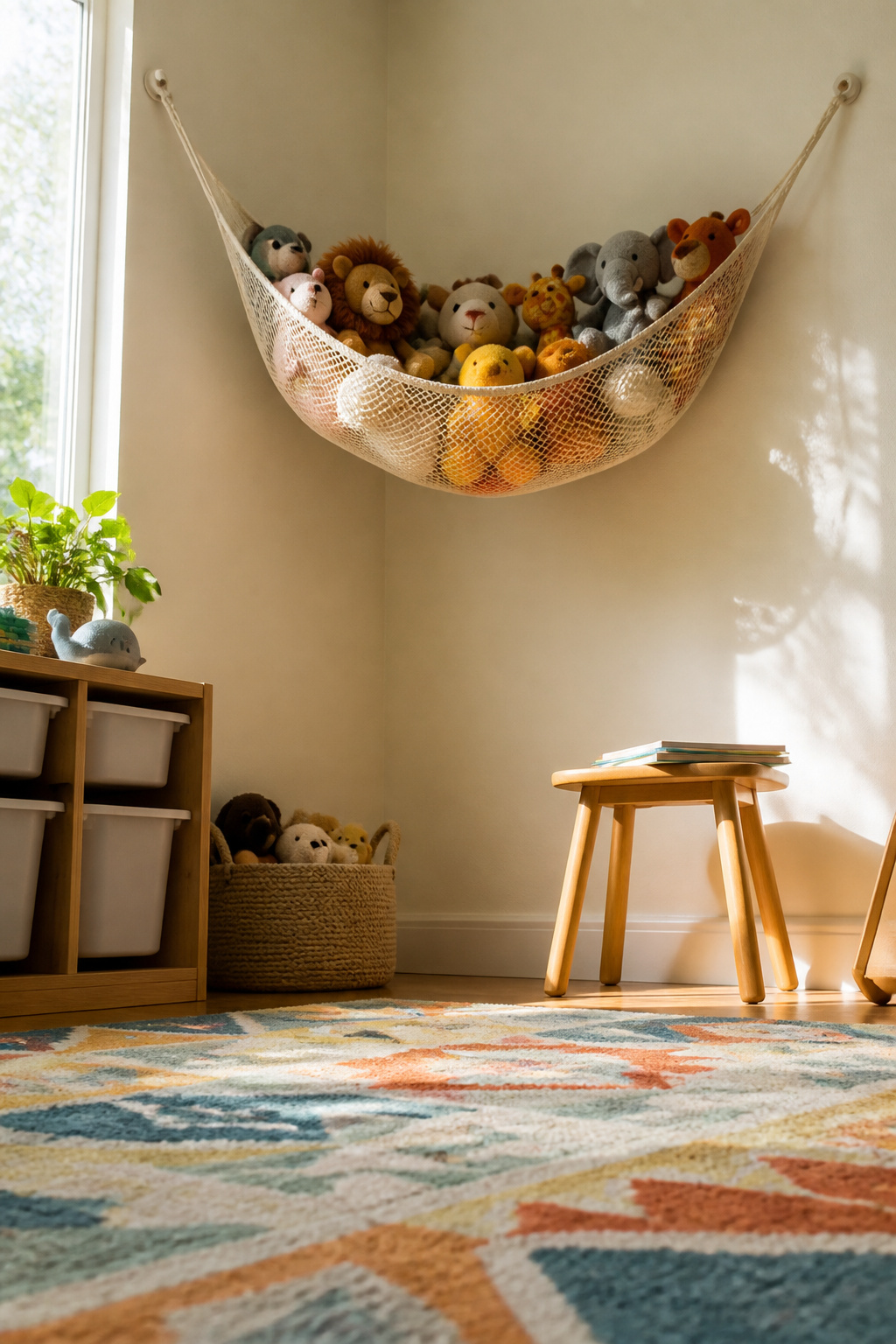 Wall-mounted hammocks holding stuffed animals in a playroom.