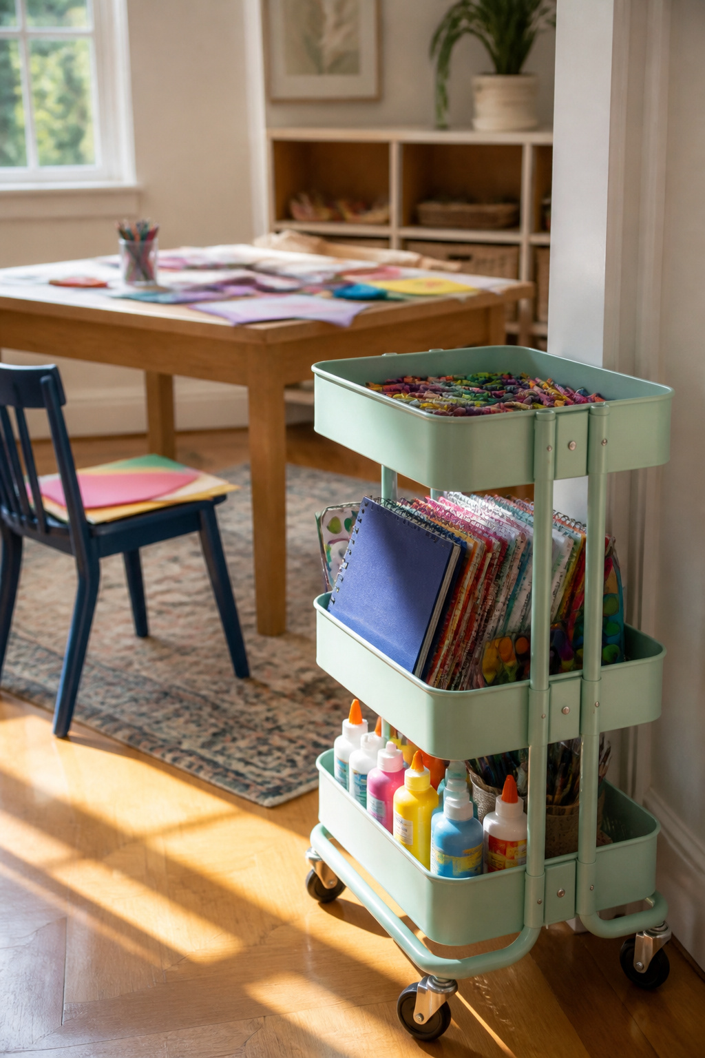 Rolling utility cart filled with art supplies and craft materials.