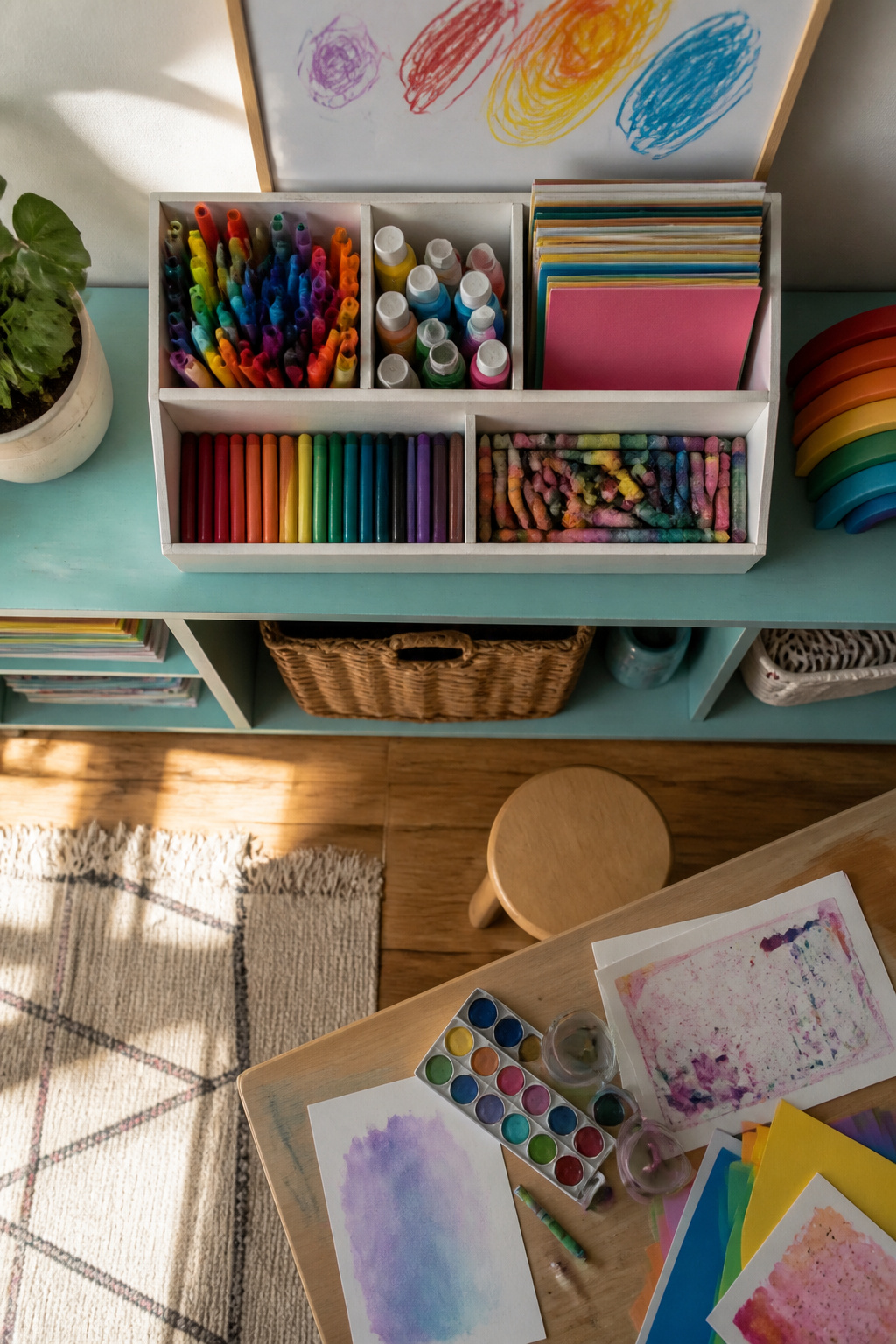 Rotating art supply organizer filled with markers and paper.