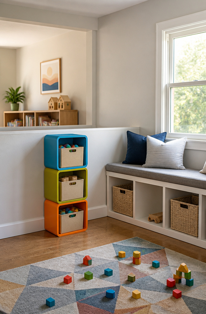 Three stackable storage cubes arranged vertically in a playroom.