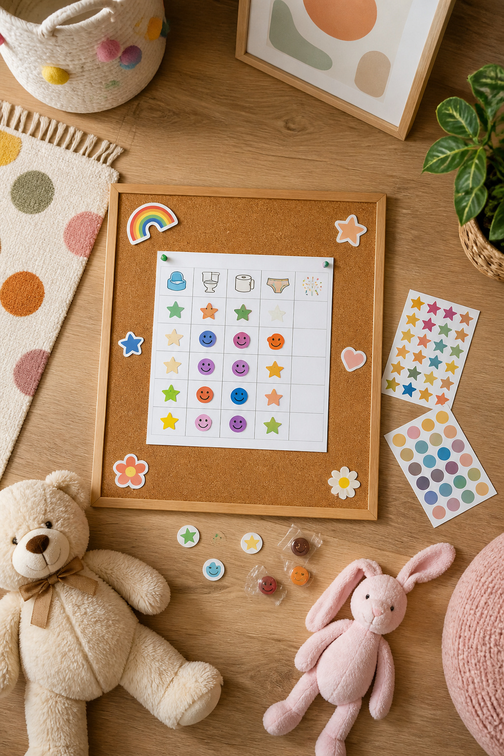 Potty Training Essentials: Gear, Tips and Supplies (2026) 10 Stickers and small treats displayed as part of a rewards system.