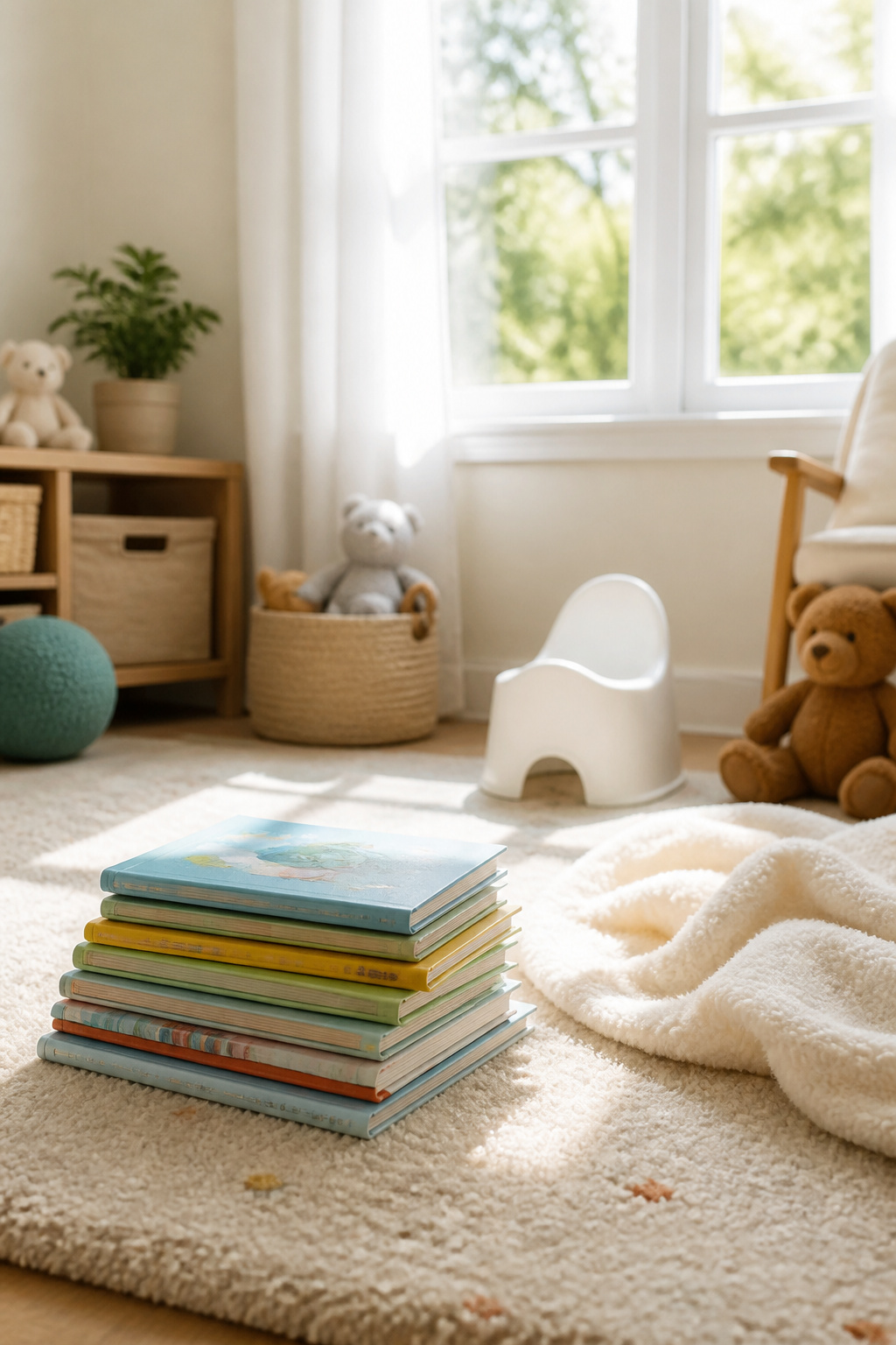 Potty Training Essentials: Gear, Tips and Supplies (2026) 11 A stack of colorful potty training books on a soft rug.