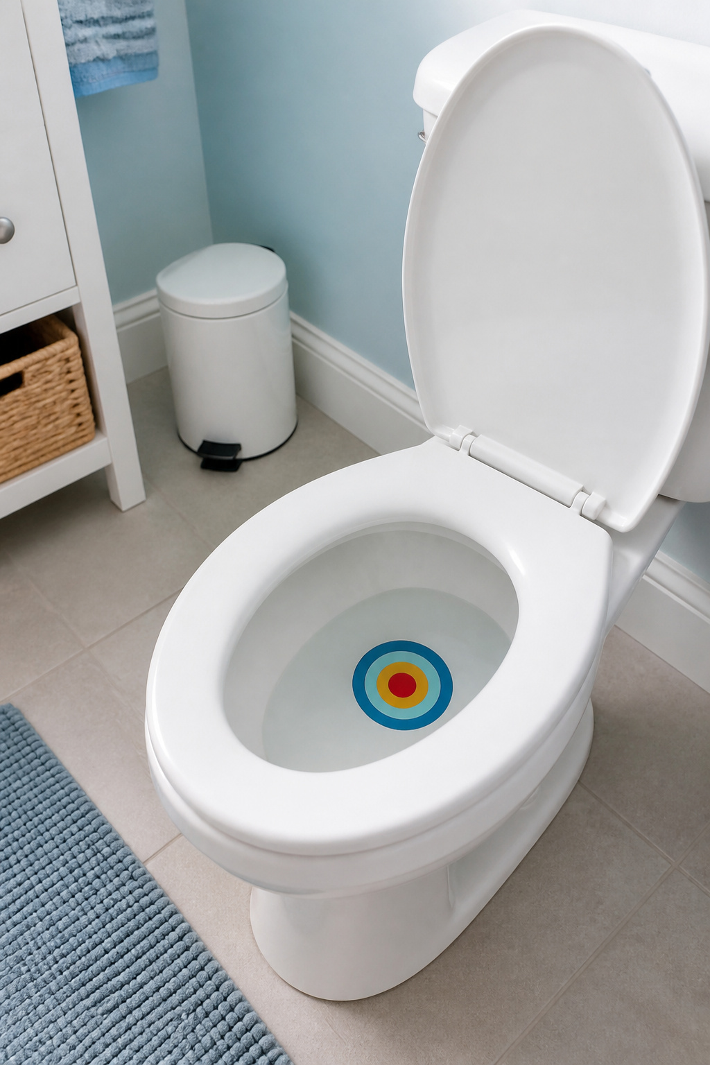 Potty Training Essentials: Gear, Tips and Supplies (2026) 14 A bright sticker target fixed to the bottom of a toilet bowl.